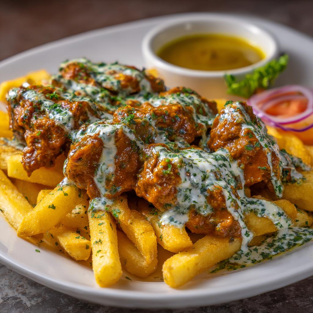 Kurczak Masala z Sosem Czosnkowym i Chrupiącymi Frytkami