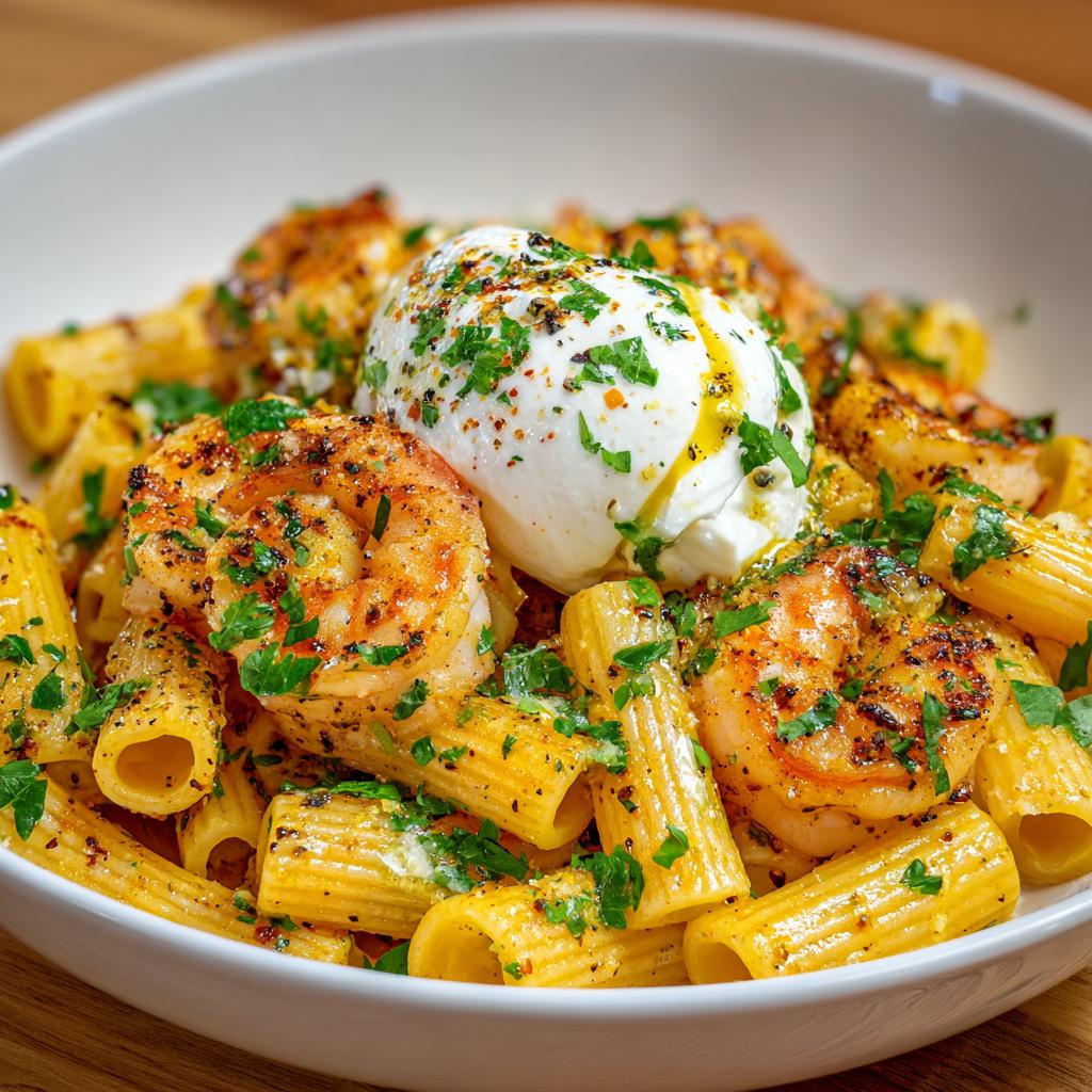 Krewetki w Maśle Czosnkowym z Rigatoni i Burratą - detail 1