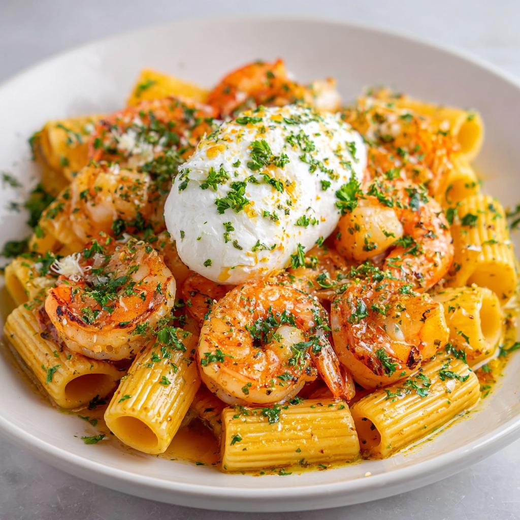 Krewetki w Maśle Czosnkowym z Rigatoni i Burratą