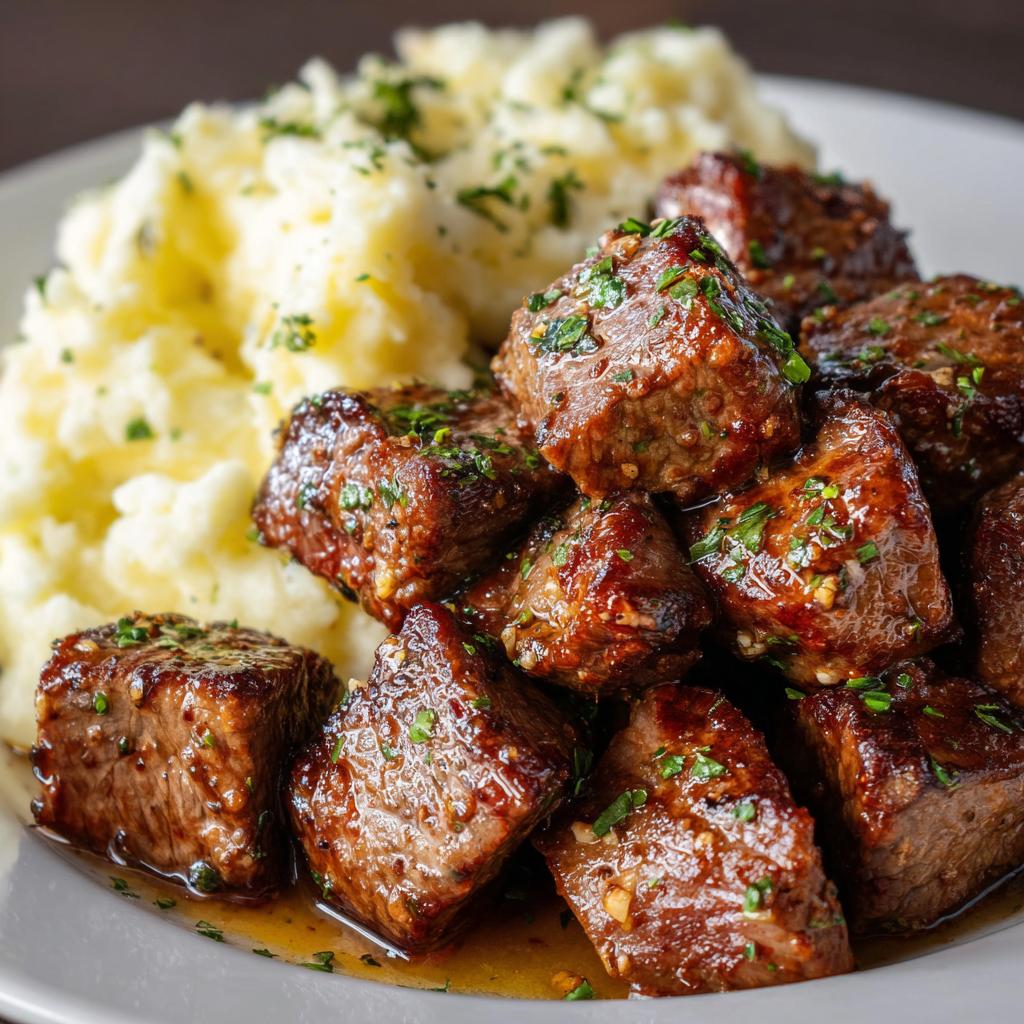 Stek w Maśle Czosnkowym z Serowym Puree Ziemniaczanym