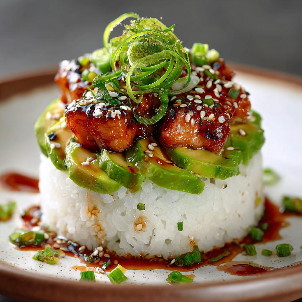 Łosoś Teriyaki z Awokado i Stosem Ryżu