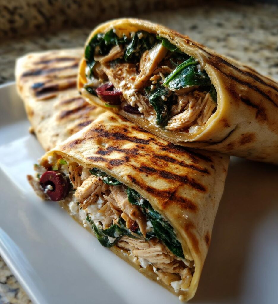 greckie chicken wraps z szpinakiem oliwkami i feta
