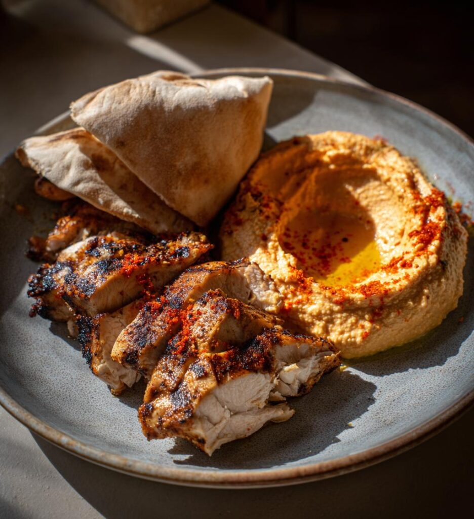 grillowany kurczak z hummusem z pieczonej czerwonej papryki i pita