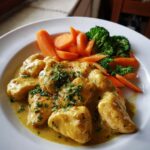 kremowy kurczak musztardowy z gotowanymi warzywami