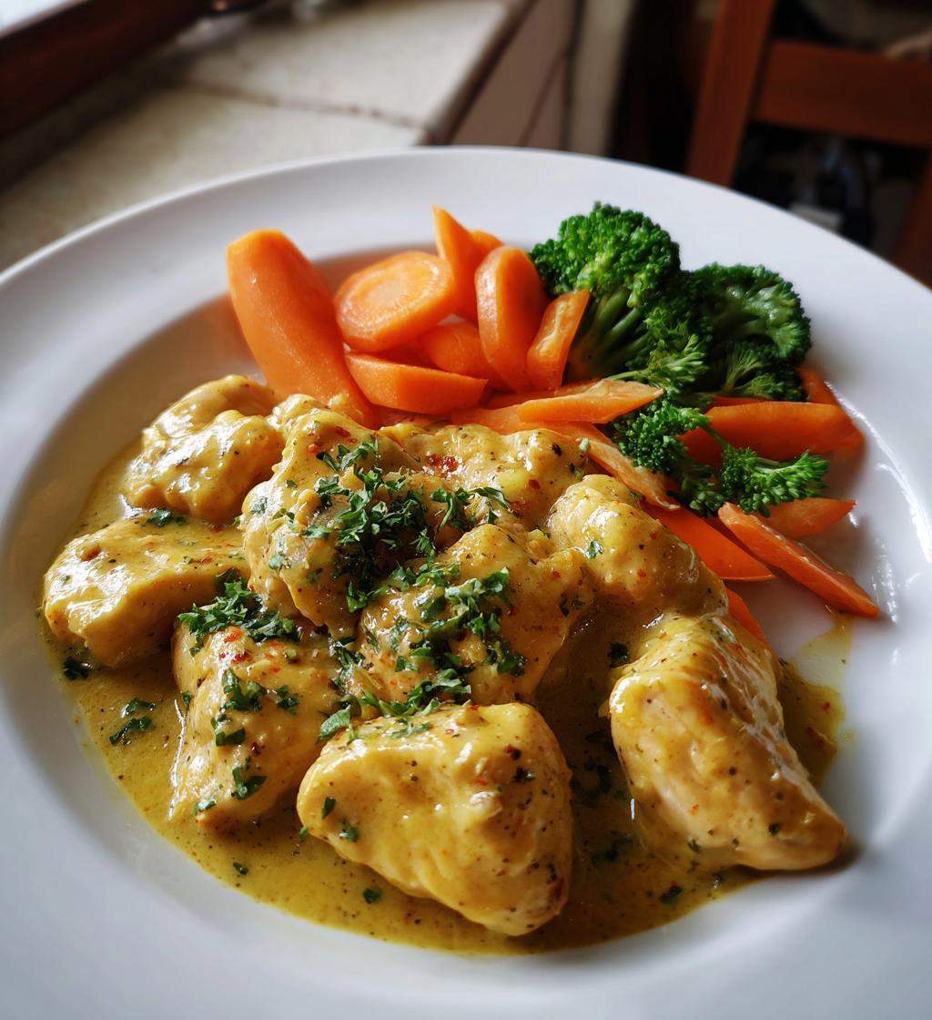 kremowy kurczak musztardowy z gotowanymi warzywami