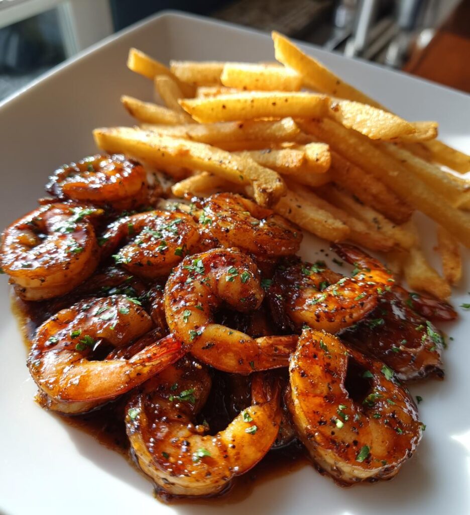 ostre krewetki w miodzie czosnkowym z chrupiacymi frytkami