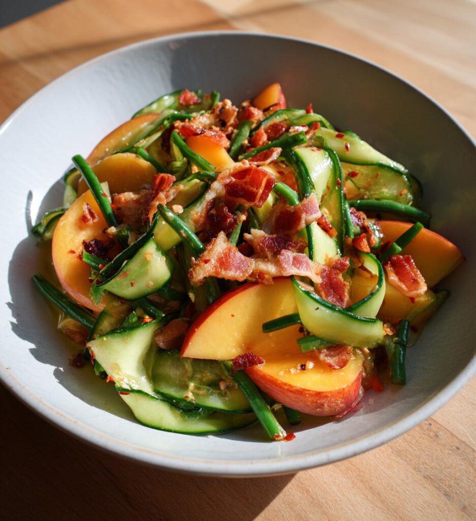 salatka z nektarynek z chili ogorkiem zielona fasolka i pancetta